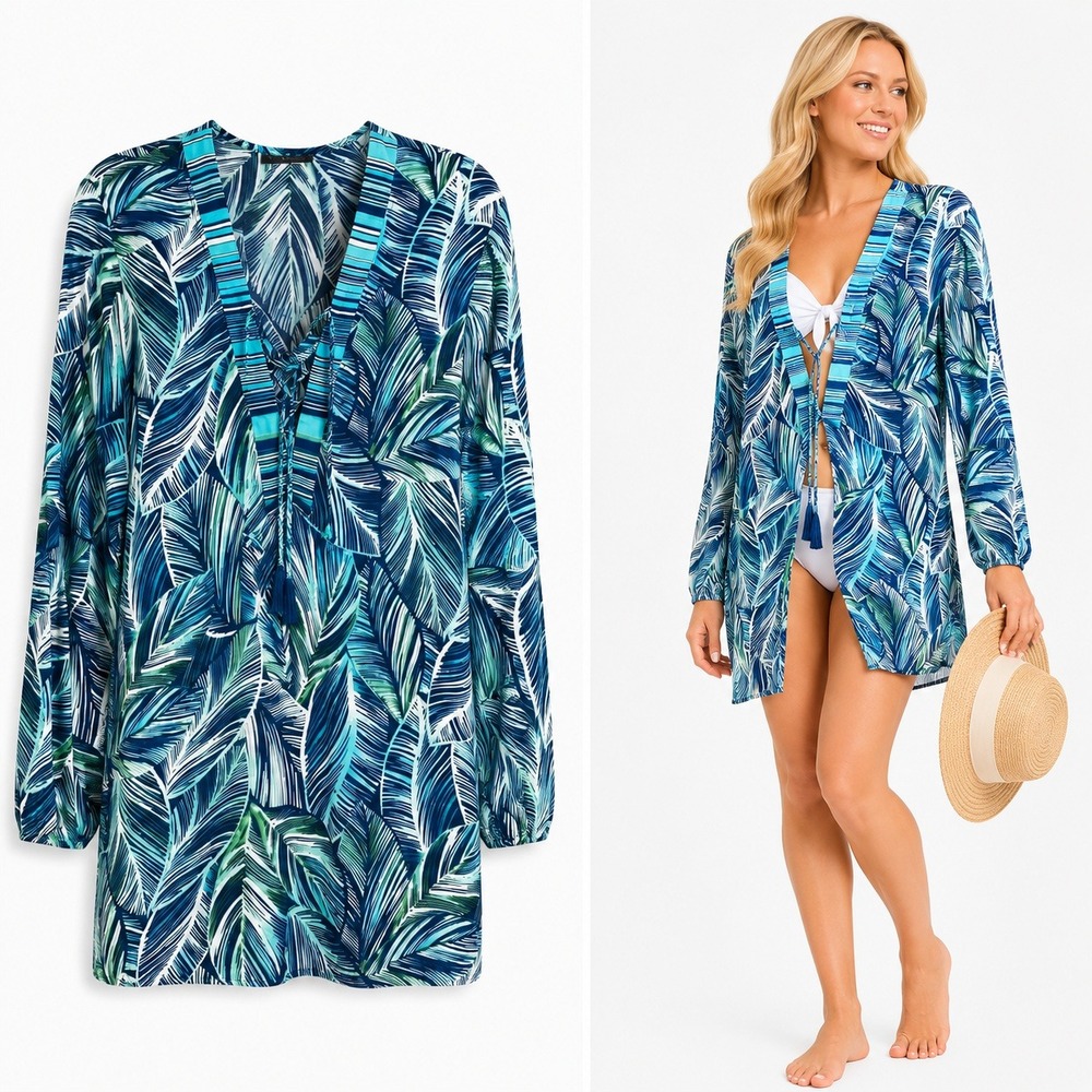 La Blanca Swim Cover Up Womens M Aqua Blue Leaf Print Tie Neck Beach Tunic Top